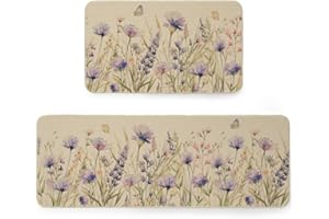 ARKENY Flowers Lavender Spring Kitchen Mats Set of 2, Home Decor Seasonal Floral Kitchen Rugs for Floor and Door Mats - 17x29 and 17x47 Inch AKM035