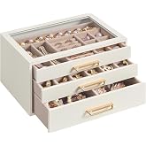 SONGMICS 3-Layer Jewelry Box with Glass Window, 3 Drawers, Golden Handles | Jewelry Storage Organizer for Rings, Earrings, Bracelets, White, 9.4 x 6.3 x 4.9 Inches, GLORIBEL Collection UJBC206WD01