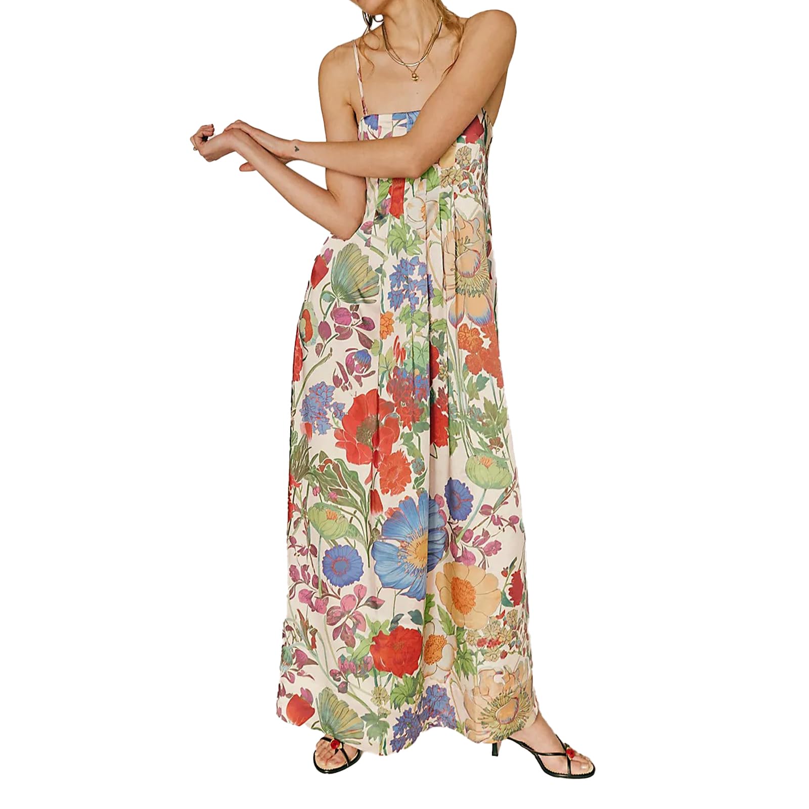 Photo 1 of (used/fair) ABYOVRT Women Boho Floral Maxi Dress Backless Spaghetti Strap A-Line Flowy Summer Vacation Long Dress (Green,L)