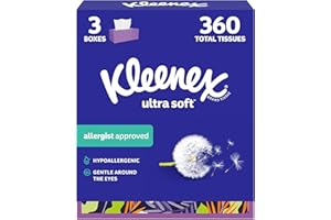 Kleenex Ultra Soft Facial Tissues, 3-Ply, Hypoallergenic, 3 Flat Boxes, 120 Tissues per Box (360 Tissues Total), White, 54314