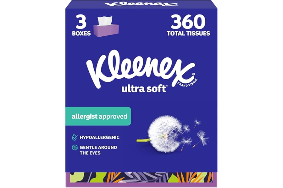 Kleenex Ultra Soft Facial Tissues, 3 Flat Boxes, 120 Tissues per Box, 3-Ply (360 Total), Packaging May Vary