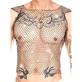Kaei&Shi Rhinestone Mens Tank Tops Sheer Mesh See Through Fishnet Sparkly Rave Outfit Festival Crop Men Shirt Sexy Club Party