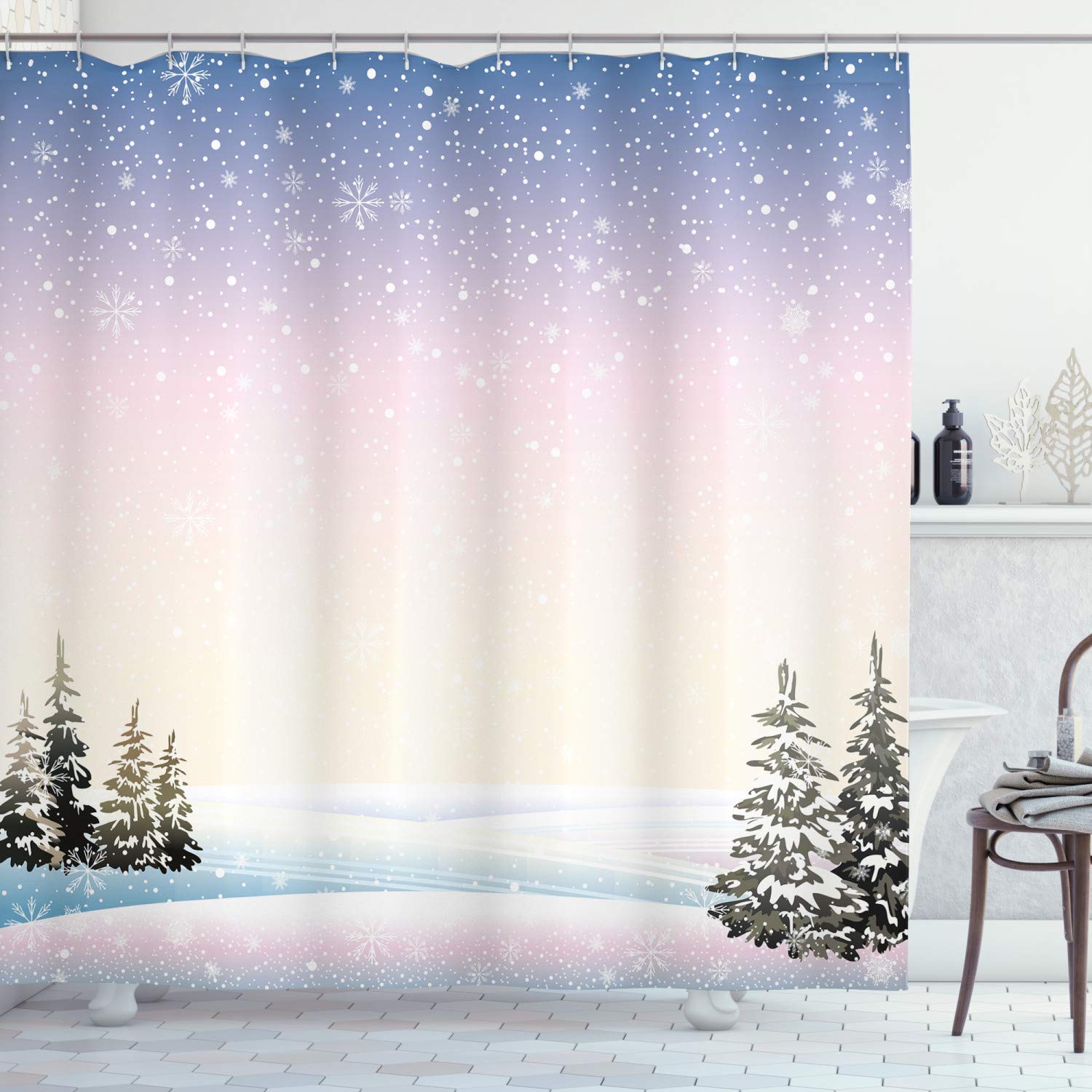 ABAKUHAUS Winter Shower Curtain, Snowfall in the Forest Pine Trees Northern Hemisphere December Frozen Temperatures, Cloth Fabric Bathroom Decor Set with Hooks, 86 Inches Extra Long, Multicolor