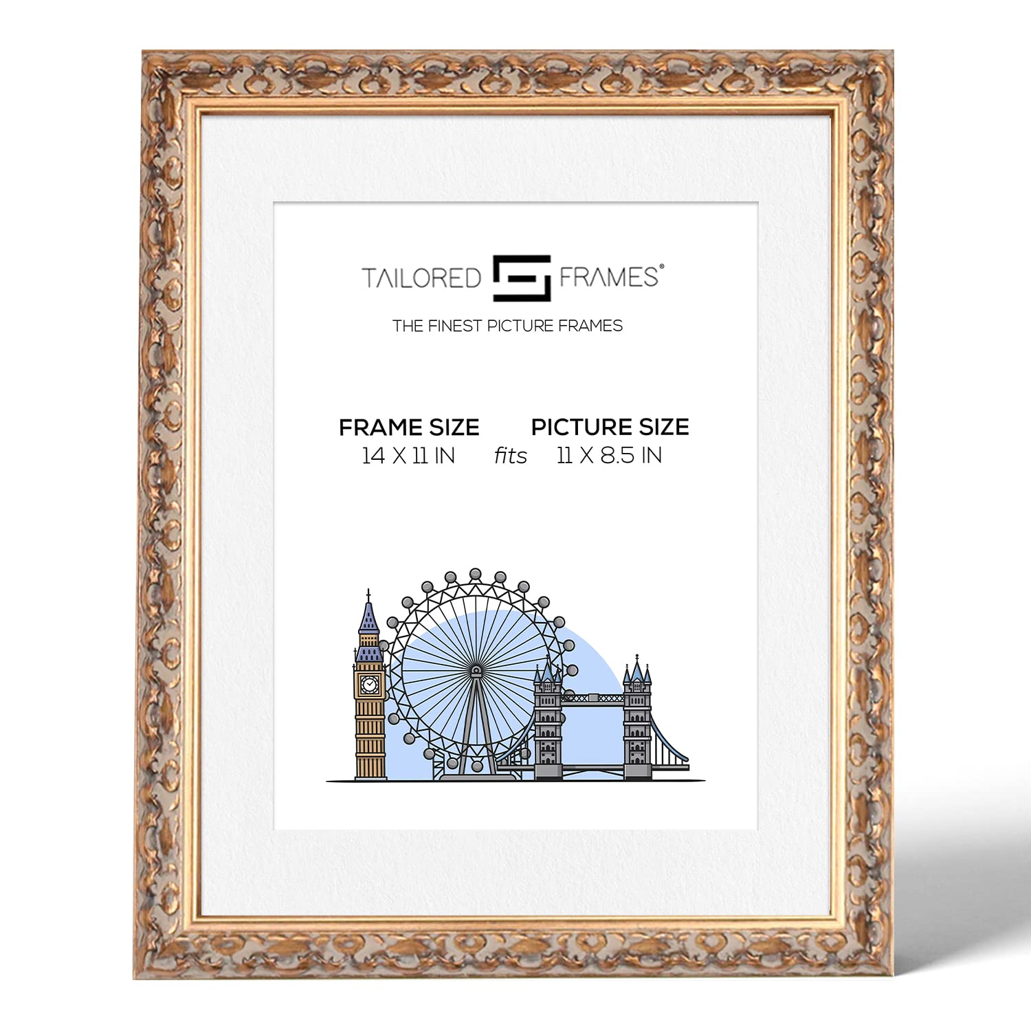 Tailored Frames Vienna Gold 14" x 11" Frame for 11" x 8.5" Picture | Rustic Style Vintage Single Picture Frame | Wall Hanging Type | Photo Frame with White Mount