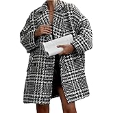 Chouyatou Women Winter Houndstooth Wool Blend Coat Notch Lapel Loose Warm Mid Long Double Breasted Peacoat