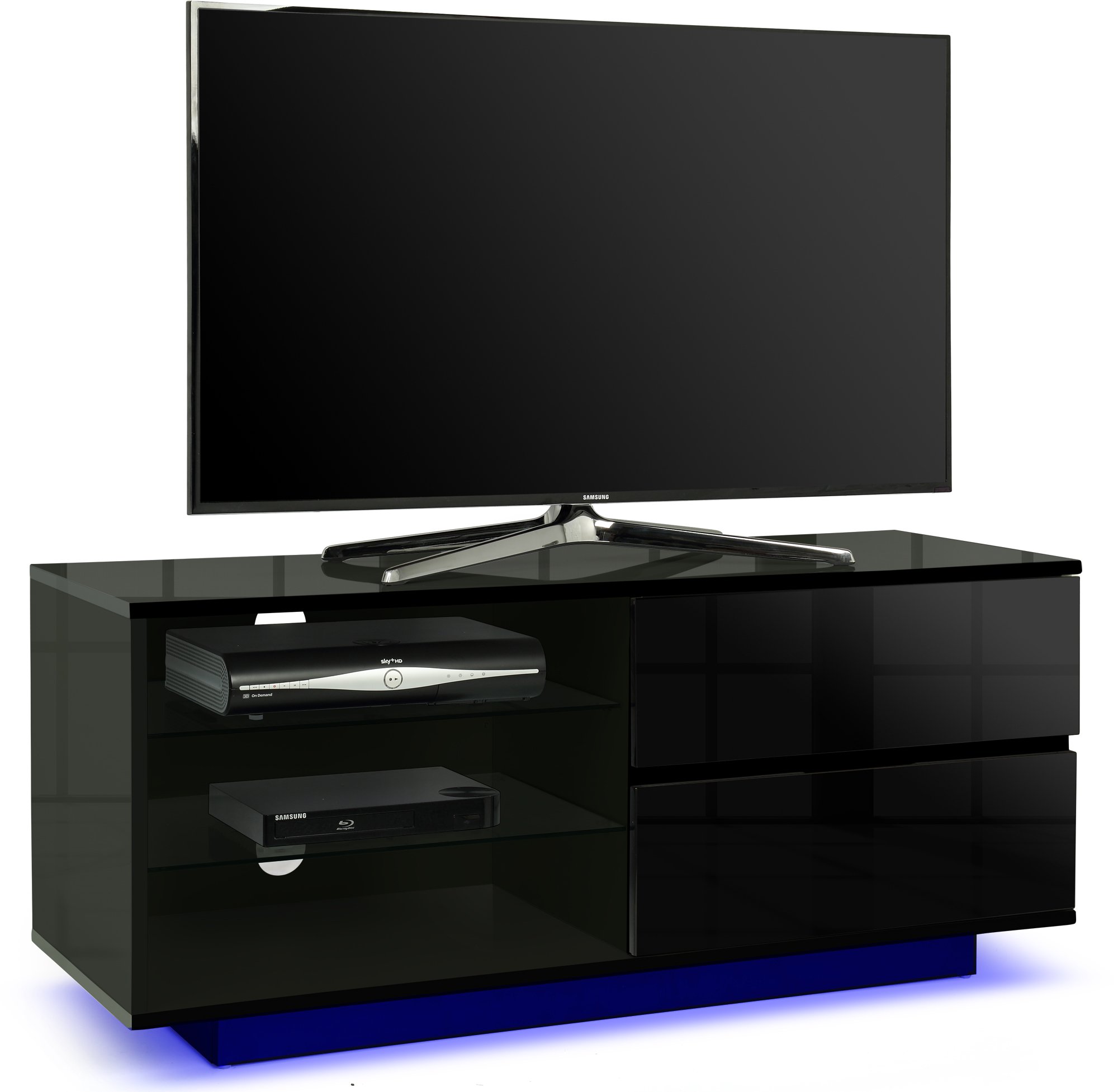 Centurion Supports Supports Gallus Premium High Gloss Black with 2-Black Drawers & 3-Shelf 32"-55" LED/OLED/LCD TV Cabinet with 16 colour LED Lights