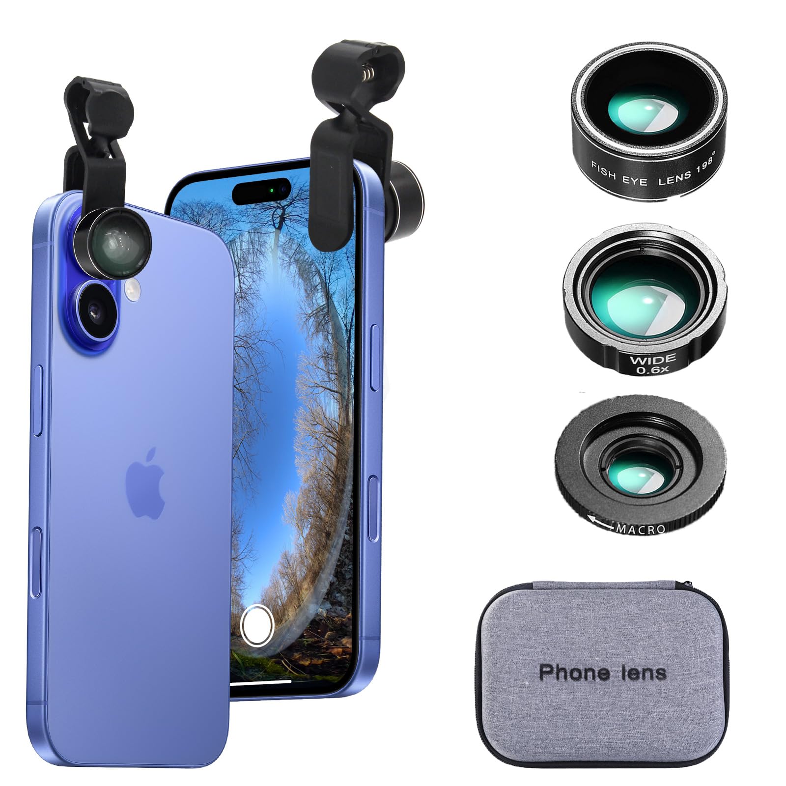 Photo 1 of Phone Camera Lens Kit Wide Angle 0.6X Macro 20X Fisheye 198° for Most (Black)