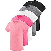 Star Vibe 5 Pack Girl's Shirts Athletic Short Sleeve Dry-Fit T-Shirts Crew Neck Active Sports Tops for Kids Teen 5-14 Years