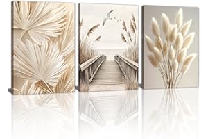 WENGTIAO 3 Pcs Beige Reeds Botanical Framed Canvas Wall Art Neutral Palm Fronds Wall Paintings Quiet Beach Landscapes Art Prints Picture Home Decor for Bedroom Living Room Office Reay to Hang 12"x16"x3Pcs