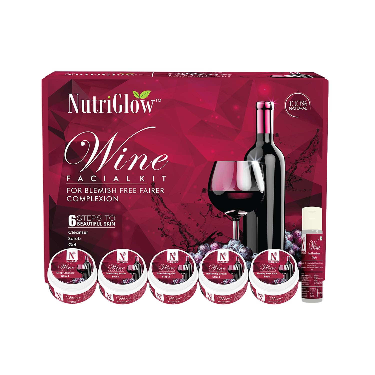 NutriGlow Wine Facial Kit 6-Pieces Skin Care Set with Deep Cleanser, Exfoliating Scrub, Nourishing Gel, Whitening Cream, Mask Pack And Face Serum for Anti Aging Skin Care Kit For Women, 8.5OZ+0.3Oz