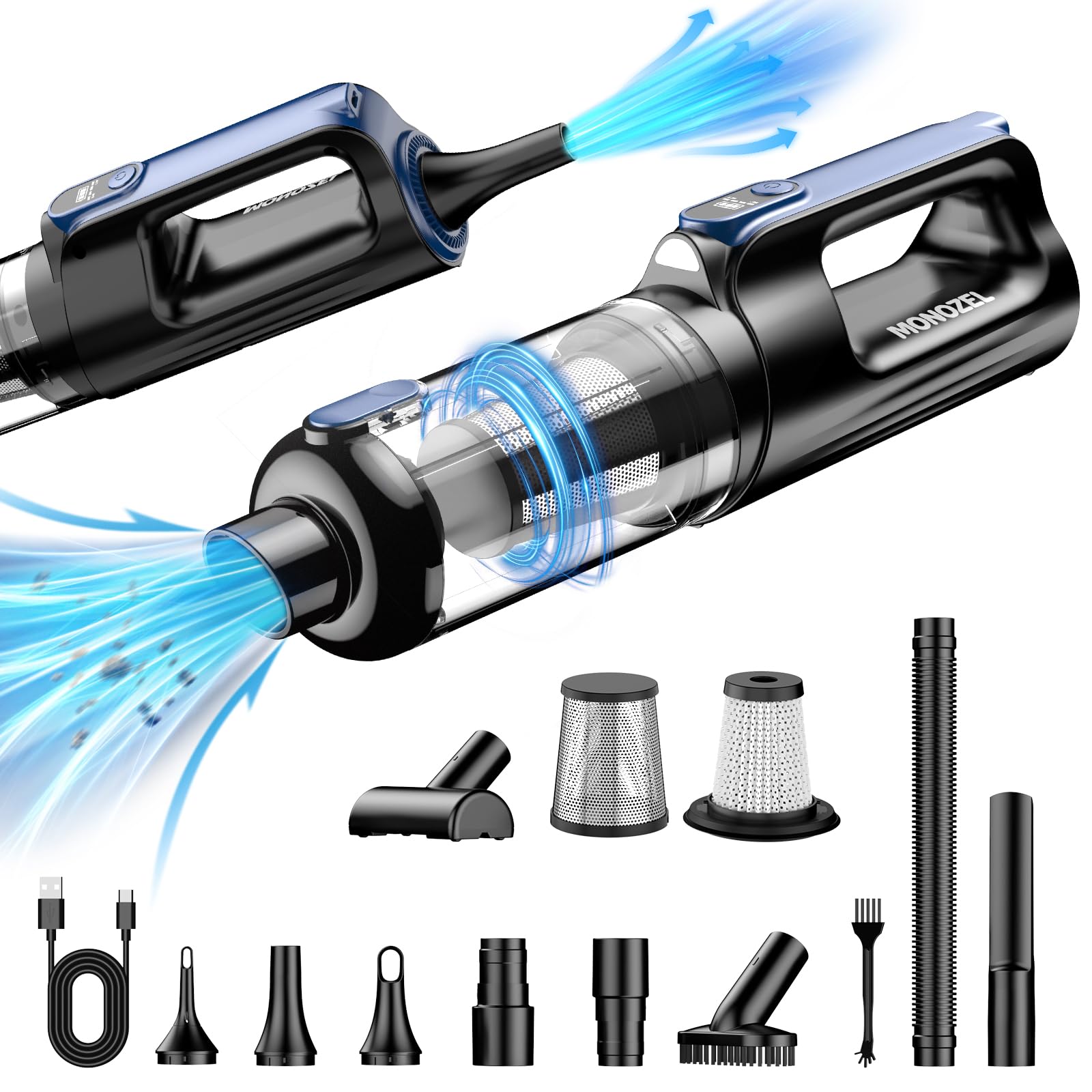Photo 1 of MONOZEL Car Vacuum Portable Cordless, 18000Pa 2 in 1 Vacuum Cleaner&Air Duster, 130W Brushless Motor Handheld Vacuum Cordless with 7800mAh Battery, LED Light, Multi-Nozzles for Car, Home, Office, Pet