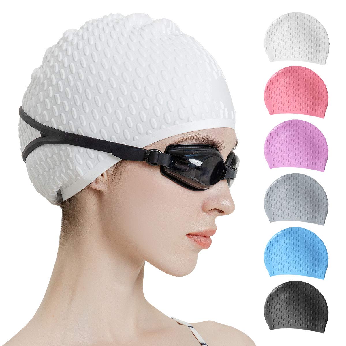 Photo 1 of Tripsky Silicone Swim Cap,Comfortable Bathing Cap Ideal for Curly Short Medium Long Hair, Swimming Cap for Women and Men, Shower Caps Keep Hairstyle Unchanged (White)