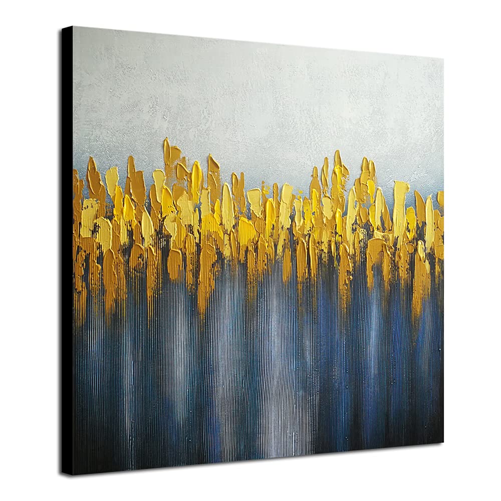 Wieco Art Large Abstract Grey Yellow and Blue Oil Paintings on Canvas Wall Art for Living Room Bedroom Home Decorations Modern 100% Hand Painted Contemporary Landscape Artwork