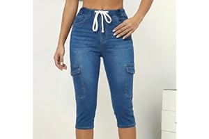 Womens Denim Capris Mid Rise Stretchy Drawstring Comfort Cargo Skinny Jeggings with Pockets