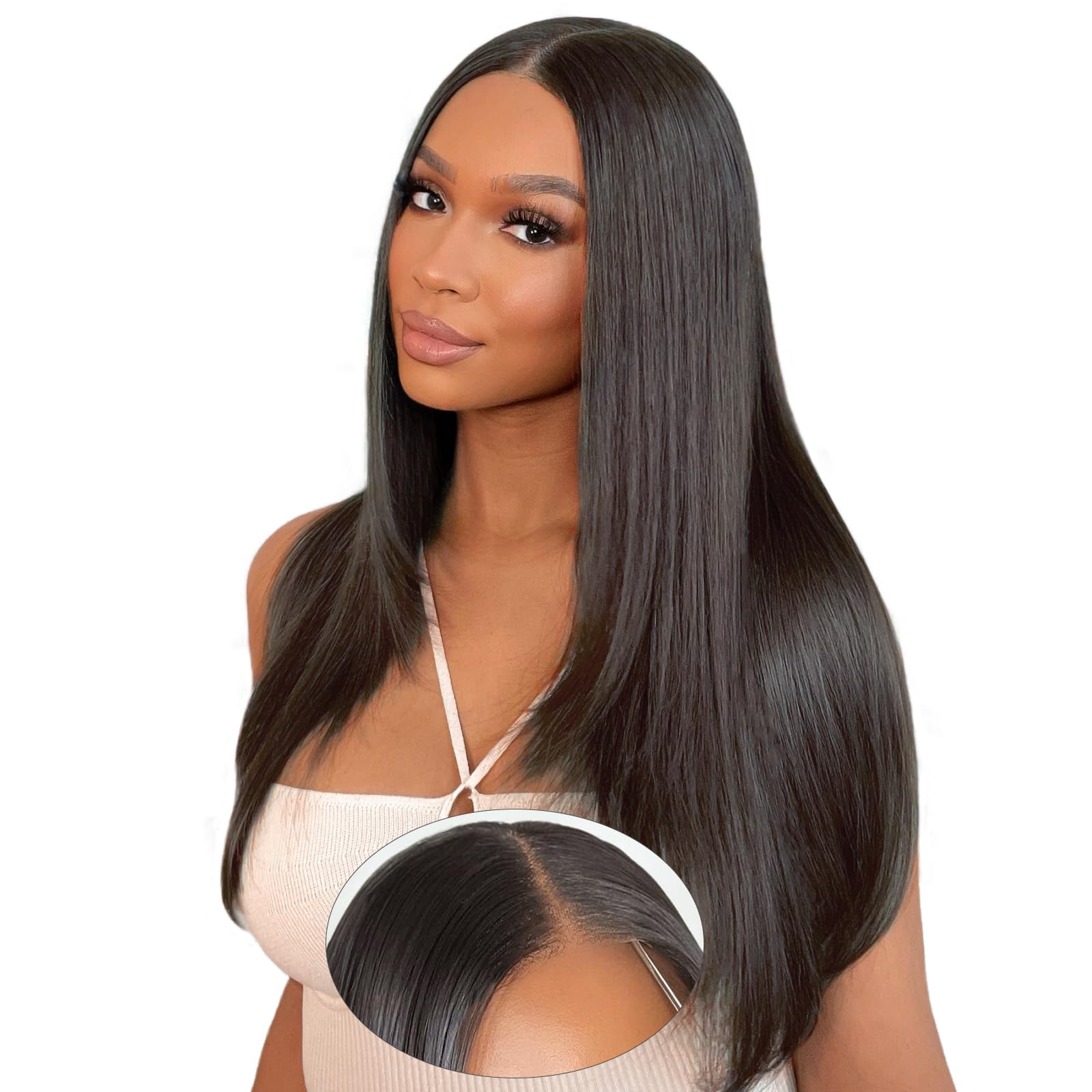Tunfine 9x6 Glueless Wig Human Hair for Women, 16 Inch 200% Density Straight Human Hair Wig, Pre-Cut Pre-Plucked Lace Glueless Human Hair, Real Wear and Go Natural Black Color — image 1