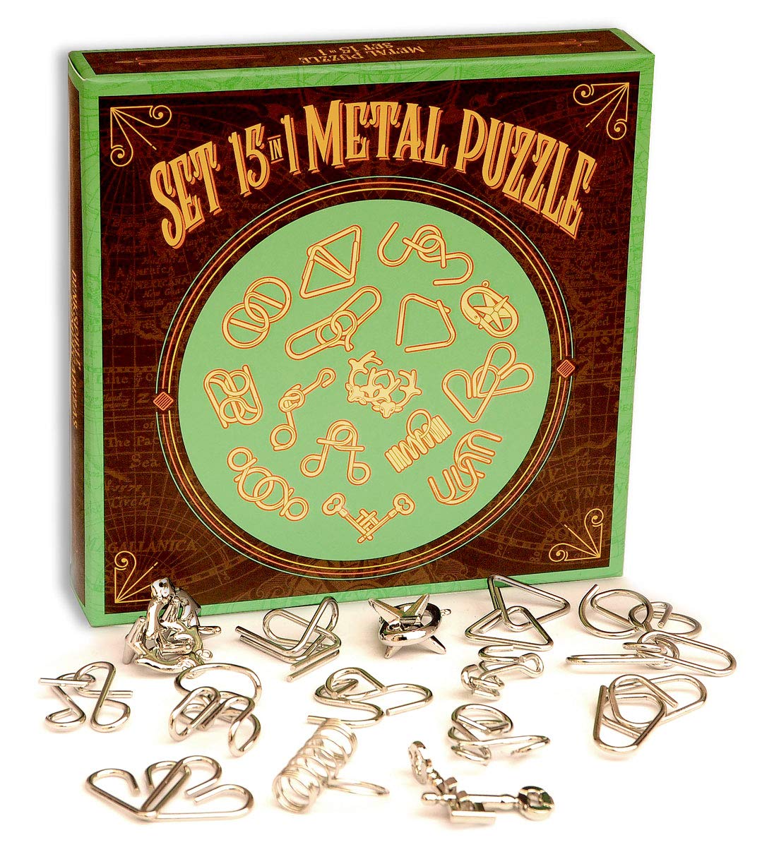 Logica Puzzles Art. Set 15 In 1 Metal Puzzles - Green Box - Metal Puzzles Set - Wire Puzzle - All Difficulties - Travellers Collection