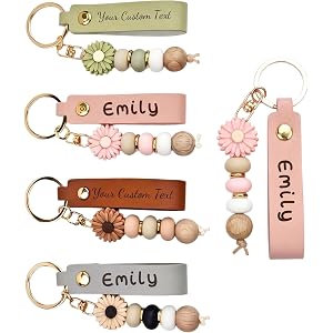 DONI Personalized Daisy Beaded Keychain Custom Engraved Leather Flower Key Ring Pendant Fashion Car Key Bag Decor Cute Jewelr