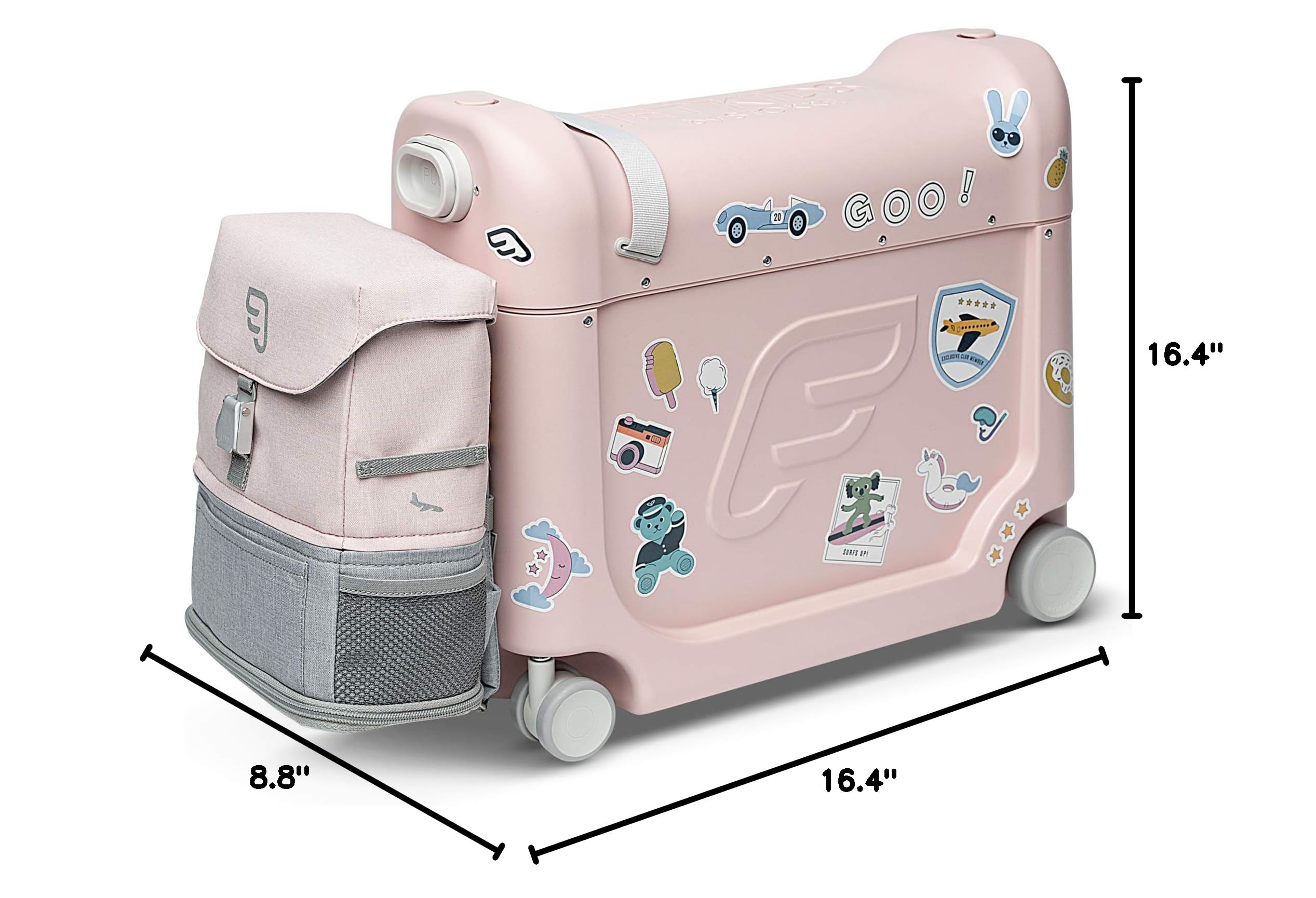 JetKids Stokke Travel Bundle, Pink - Includes BedBox Ride-On Suitcase & Backpack - Best for Kids 2-7 Years Old (Up to 77 lbs)