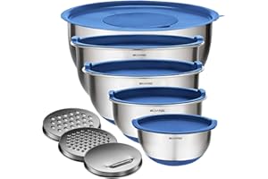 Belwares Mixing Bowls with Lids Set - Nesting Bowls with Airtight Lids + Graters - Stainless Steel Non-Slip Mixing Bowl for Baking, Food Storage and Prepping (Blue, 5-Piece Set)