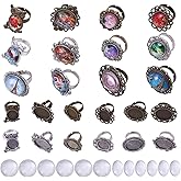 SUNNYCLUE 24pcs Mixed Adjustable Ring Blanks Cabochon Jewelry Making Kit Finger Ring Settings Clear Glass Cabochons Oval Round for Jewelry Making Adult Crafting, Antique Silver Bronze
