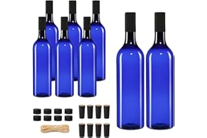CathJune 8 Pack 750ml Plastic Wine Bottles, Blue Empty Bordeaux Bottles with Screw Caps and Seal Rope, Reusable for Coquito, 