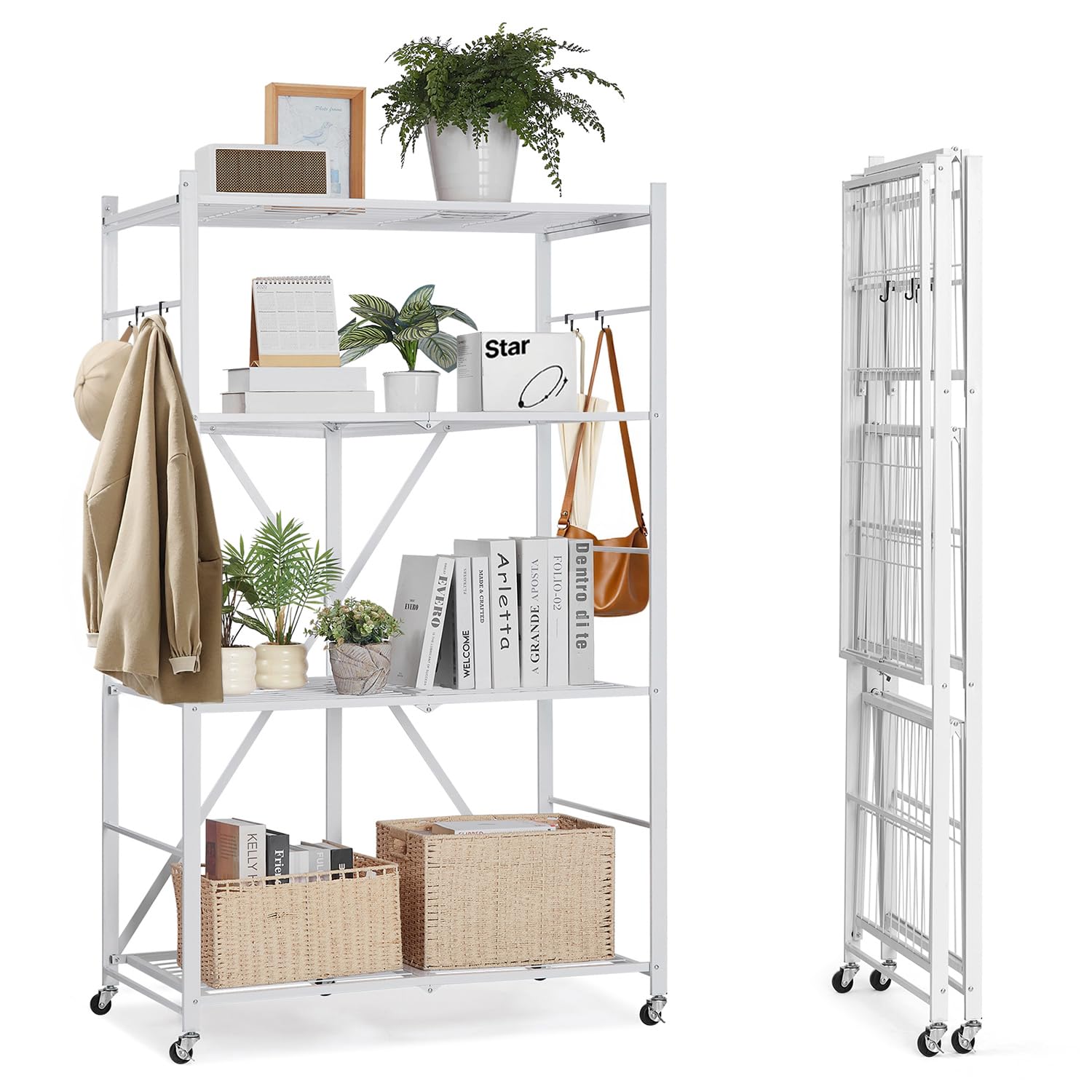 Photo 1 of ***FINALE SALE/NO RETURN, SOLD AS PARTS ONLY*** VEVOR 4-Tier Foldable Storage Shelf, 36W x 21D x 60 H Inch Folding Metal Rack Shelving Unit, No Assembly Organizer Shelf with 5 Wheels & 4 Hooks for Pantry, Kitchen, Garage, Basement, White DAMAGE