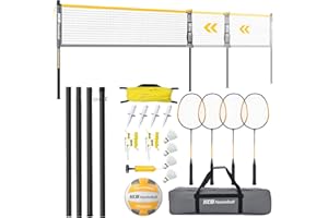 Haokelball Width Adjustable Volleyball and Badminton Combo Set Outdoor Volleyball Net for Backyard with Adjustable Poles, 4 Badminton Rackets, 4 Nylon Shuttlecocks, Volleyball, Pump and Carry Bag