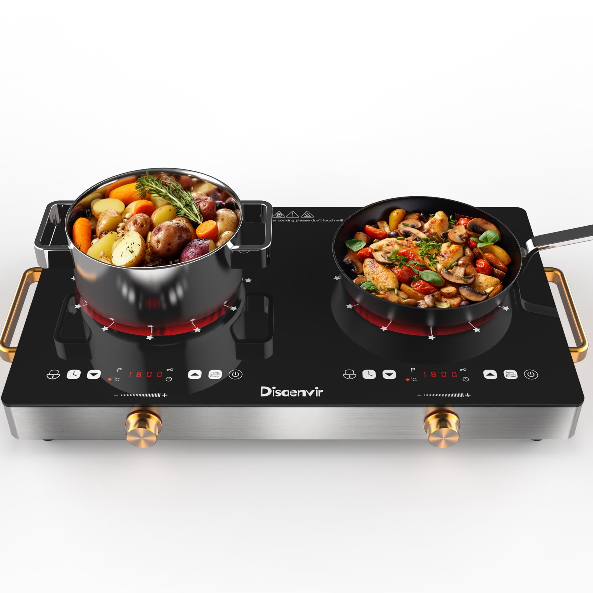 Photo 1 of Disaenvir 2 Burner Electric Cooktop 110V - 24 Inch Countertop Electric Stove with Handles 2000W, Two Burner Ceramic Burner with LCD Touch Screen and Knob Control, Timer, Safety Lock, 120V Plug in