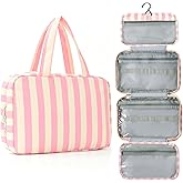 Apxouans Toiletry Bag for Women Travel Water-resistant Cosmetic Bag Fashion Stripes Makeup Bag with Hanging Hook Preppy for Store Toiletries Cosmetic Accessories Large Capacity Pink