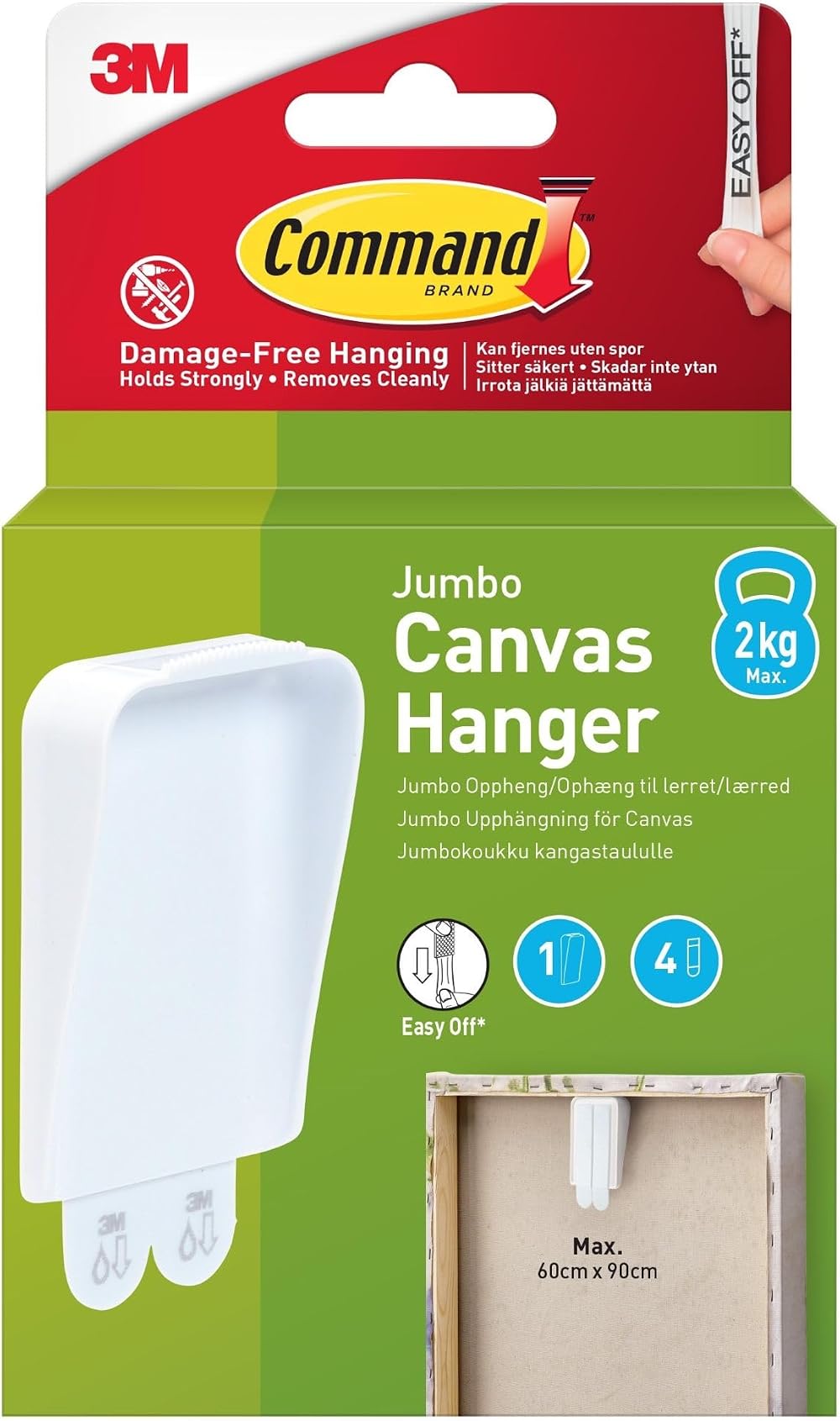 Command Jumbo Canvas Hanger Hook 1 Hook 4 Strips White Holds 2 kg