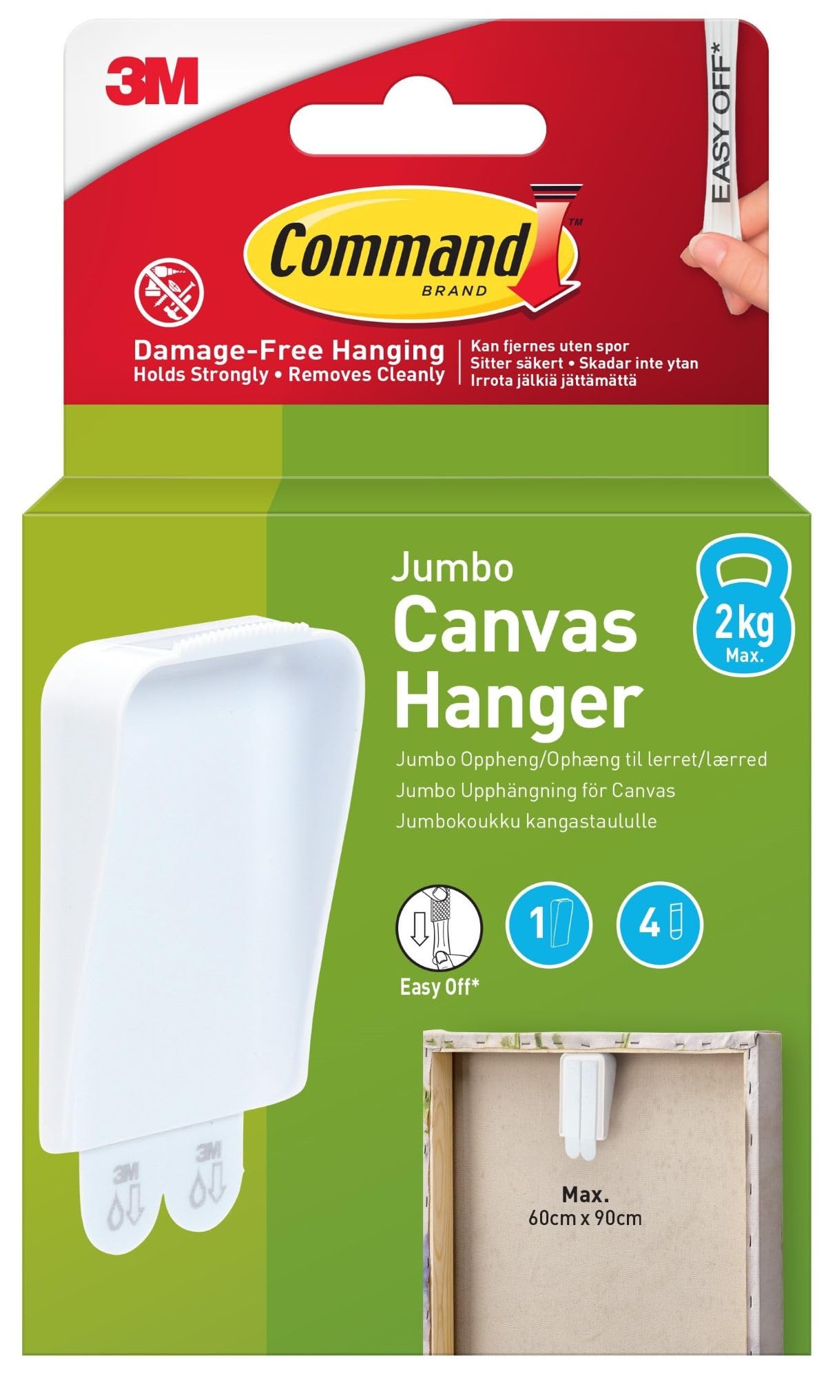 Command Jumbo Canvas Hanger Hook, Pack of 1 Hook and 4 Adhesive Strips, White - Damage Free Hanging for Canvas Framed Pictures, Prints and Art - Holds up to 2 kg