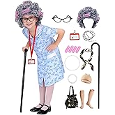Slivomi 17pcs Old Lady Costume for Kids Girls 100 Day of School Costume Girls Kids Grandma Costume Old Women Dress Up