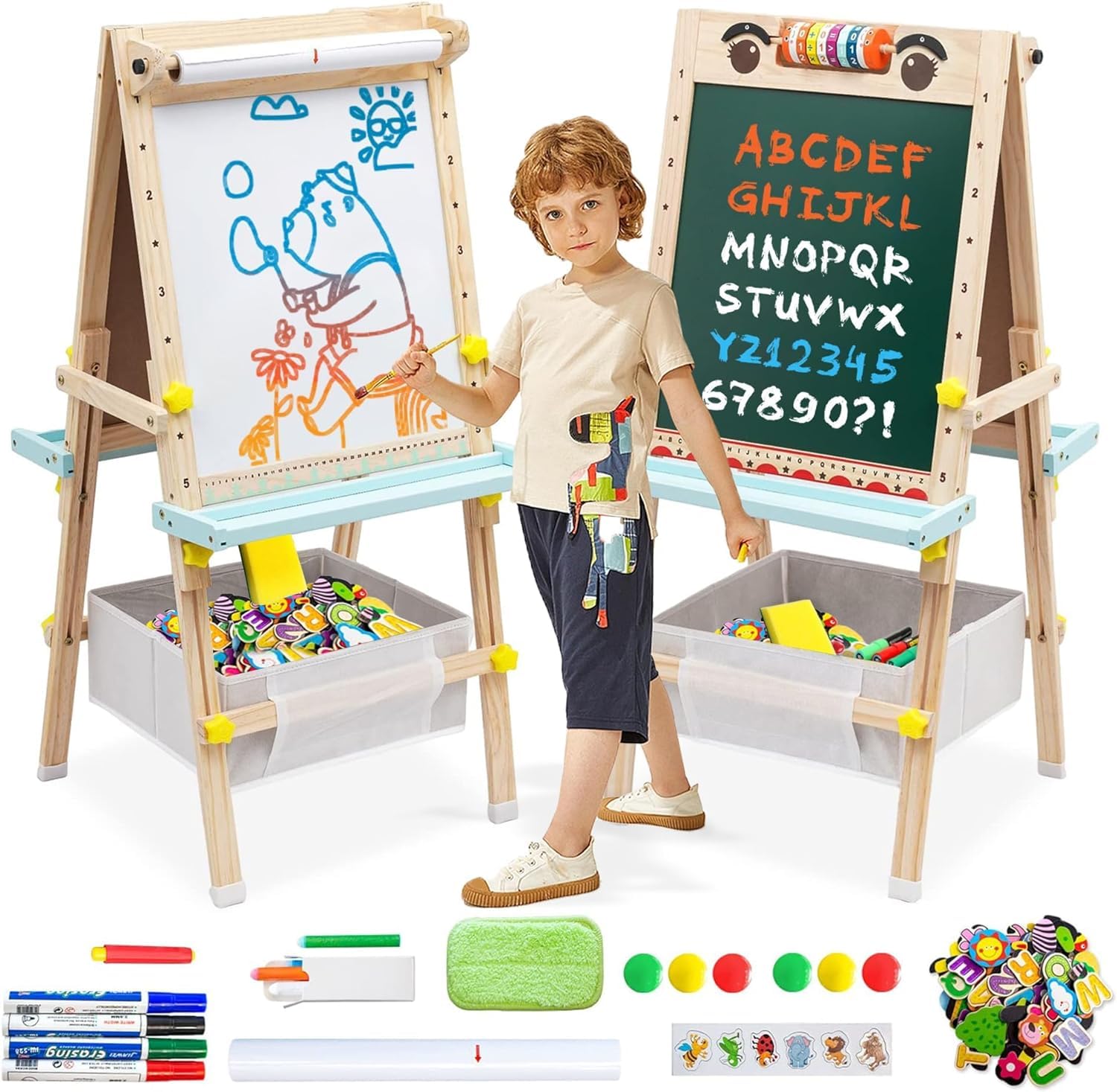 Kids Easel with Paper Roll Double-Sided Whiteboard & Chalkboard Wooden Art Easel Height Adjustable Standing Easel with Bead Numbers Alphabet Animal Accessories for Toddlers Boys Girls