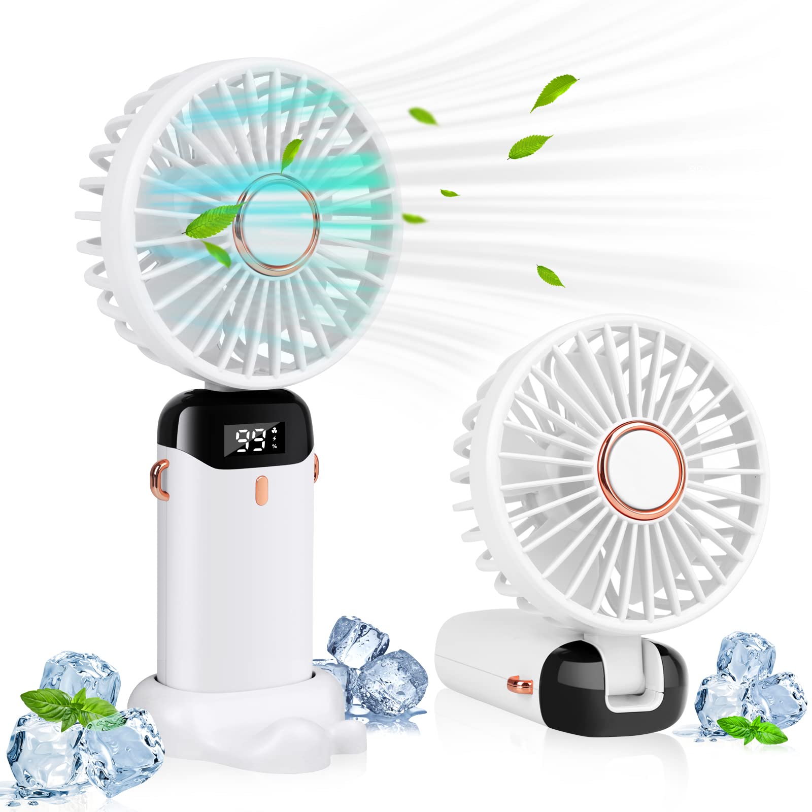 LYMYBETY Portable Handheld Fan, 4000mAh Mini USB Rechargeable Fan with Digital Display, Small Personal Pocket Fans with 5 Speeds, Hand Held Fans with Lanyard and Base for Home Travel (White)