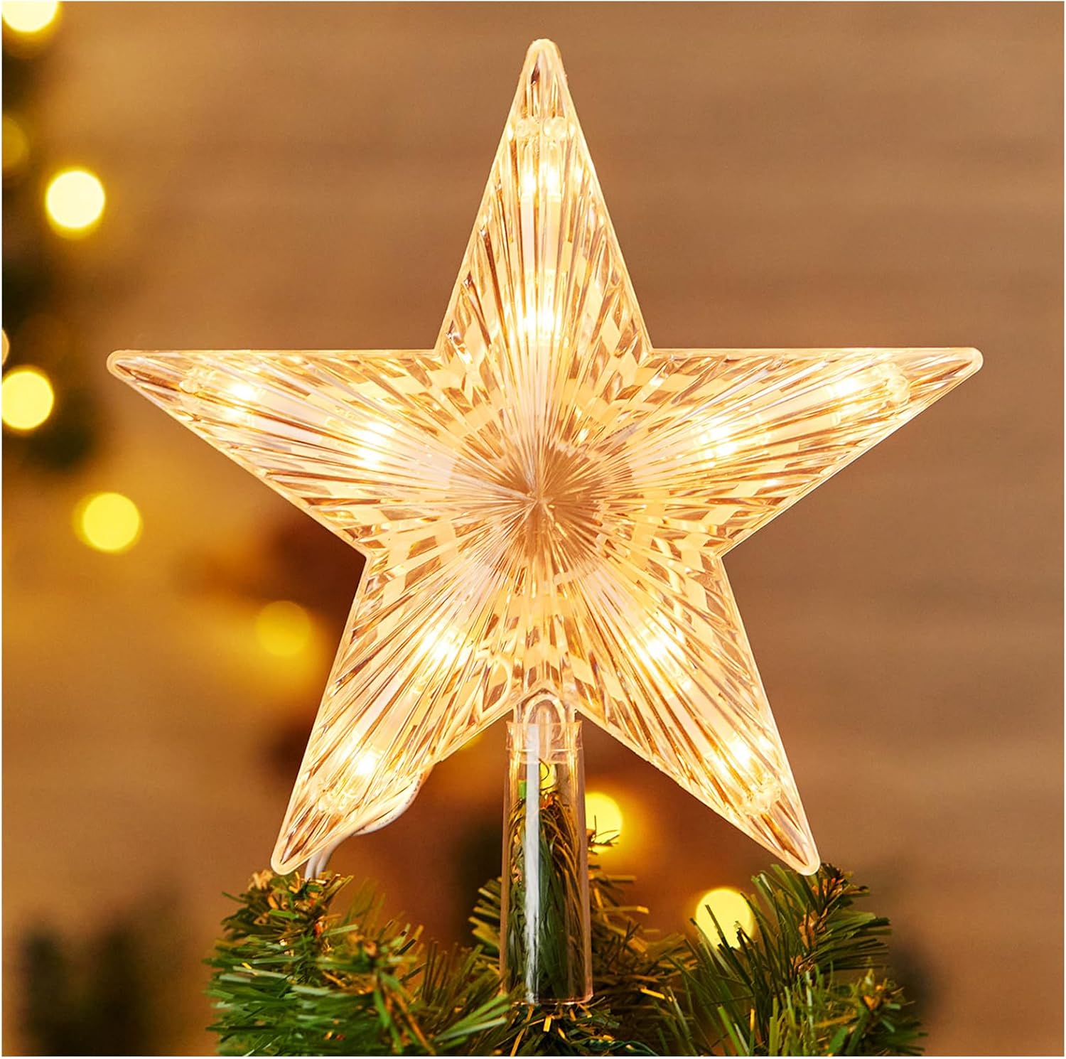 Tree Toppers - Christmas Tree Topper Lighted Star with Built-in 10 Replaceable Bulbs, 9.5” Clear Five-Pointed Star Tree Topper Plug in for Indoor Office Xmas New Year Holiday Tree Decoration, Warm White