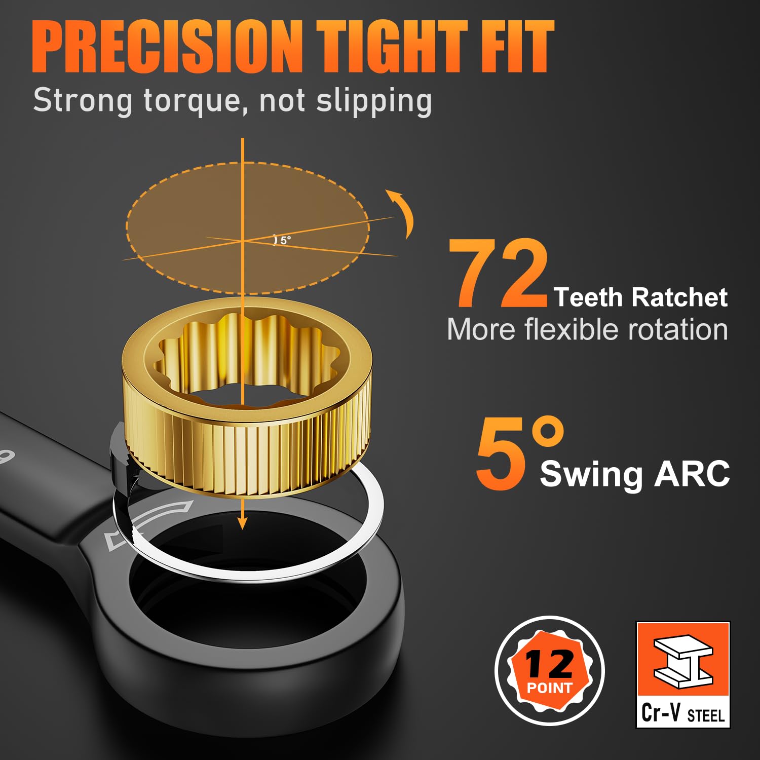 ss shovan 8TLG Ratschenschlüssel Set 8-19 mm, Ringmaulschlüssel Maulschlüssel Set mit 72 Zähne, Cr-V mit Aufbewahrungsbox, Metrisch Größe 8, 10, 12, 13, 14, 15, 17, 19mm 4