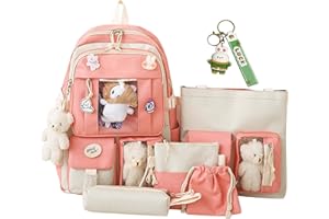 AIDISEN Kawaii Backpack 5pcs Set 17in Aesthetic sports bag with Cute Backpack, Shoulder Bag, Pencil Box, Tote Bag, Small Bag (Pink backpack)