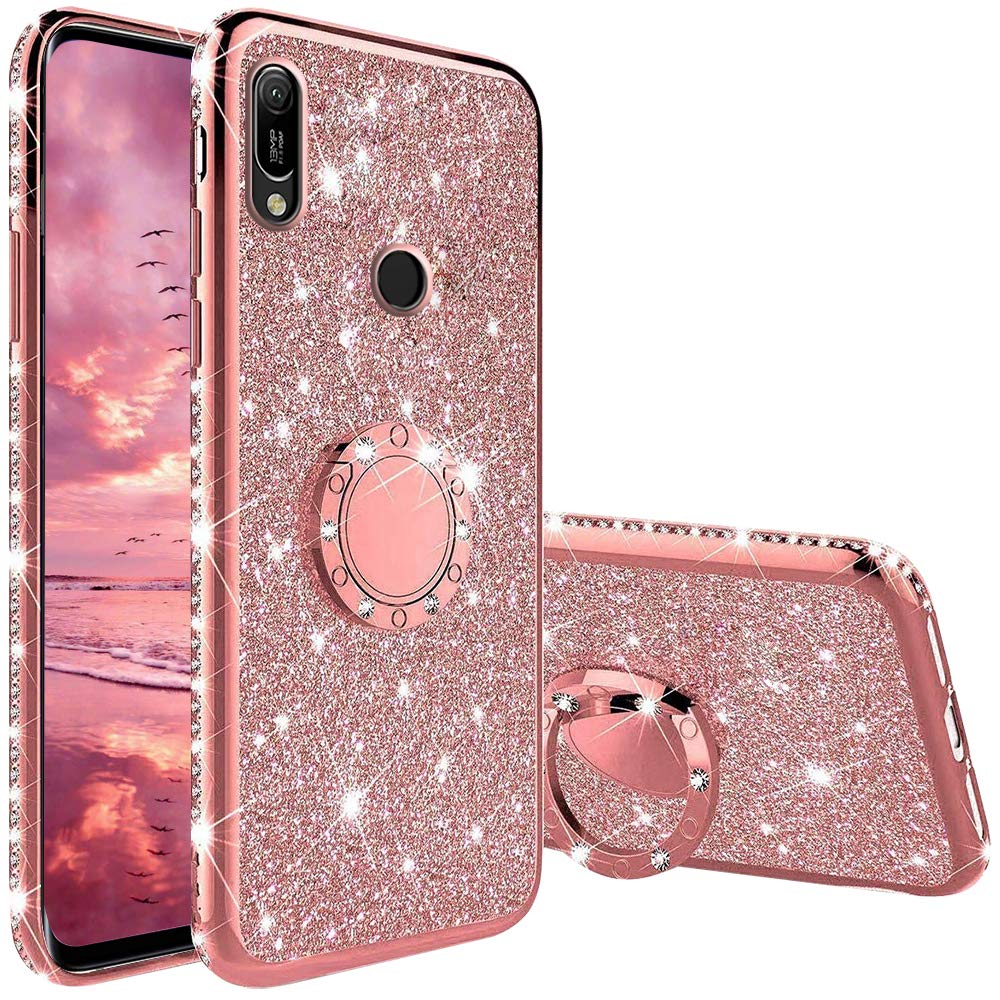 TVVT Compatible with Huawei Y6 2019 / Honor 8A Glitter Diamond Mobile Phone Case with 360 Degree Ring Holder Magnetic Car Holder Mobile Phone Case Soft TPU Bumper Silicone Pink