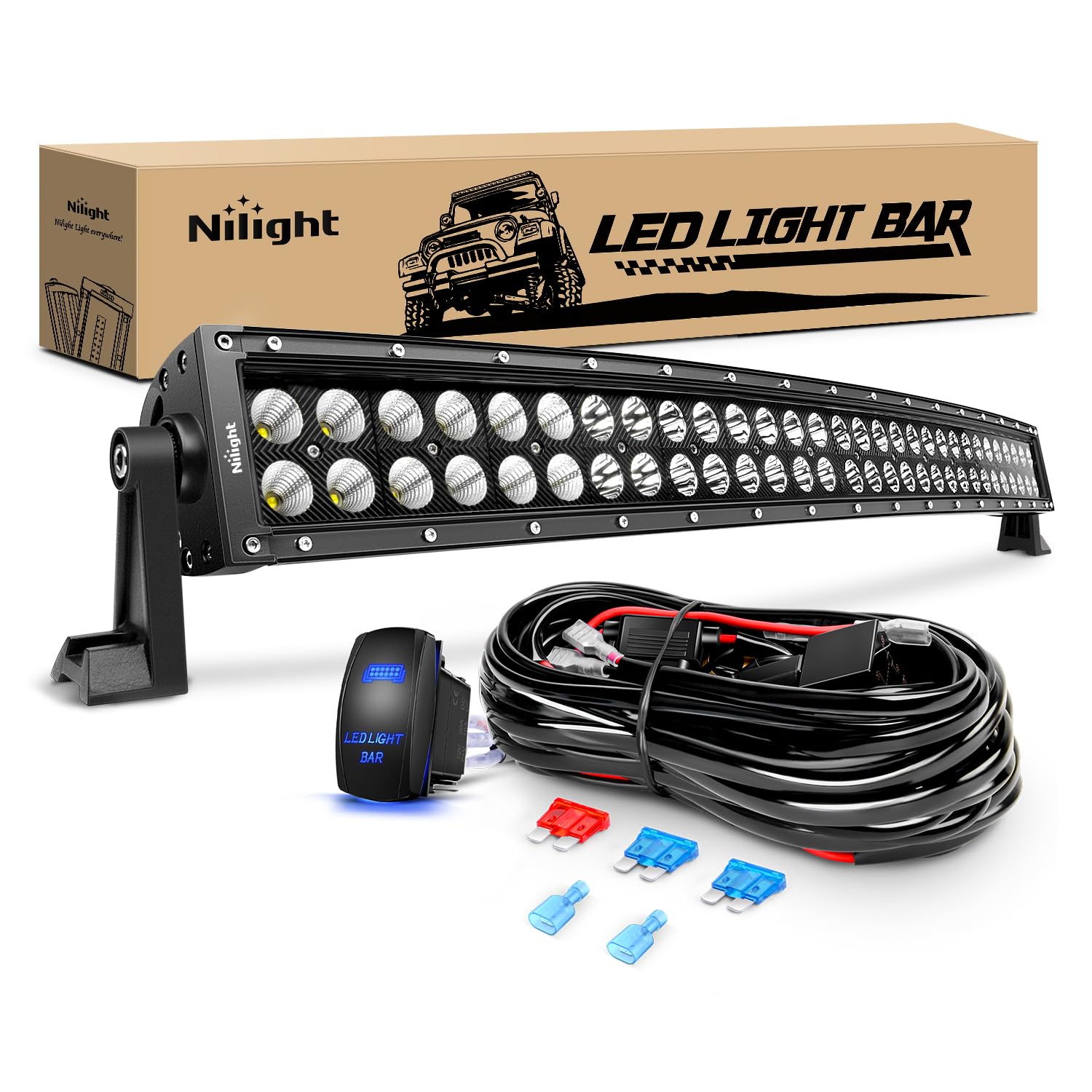 Nilight - ZH410 32Inch 180W Curved LED Light Bar Work Light Spot Flood Combo Offroad Driving Lights with 16AWG Wiring Harness Kit， 2 Year Warranty Image