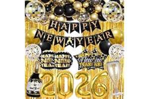 DUILE Happy New Year Party Decoration 2026 Foil Balloon Banner and Curtains Disco Balloons Champagne Balloon New Years Eve Black and Gold Party Supplies Decorations