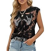 Hilinker Women Graphic Tie Dye Tank Top Casual Ripped Distressed Cut Out Cap Sleeve T Shirts
