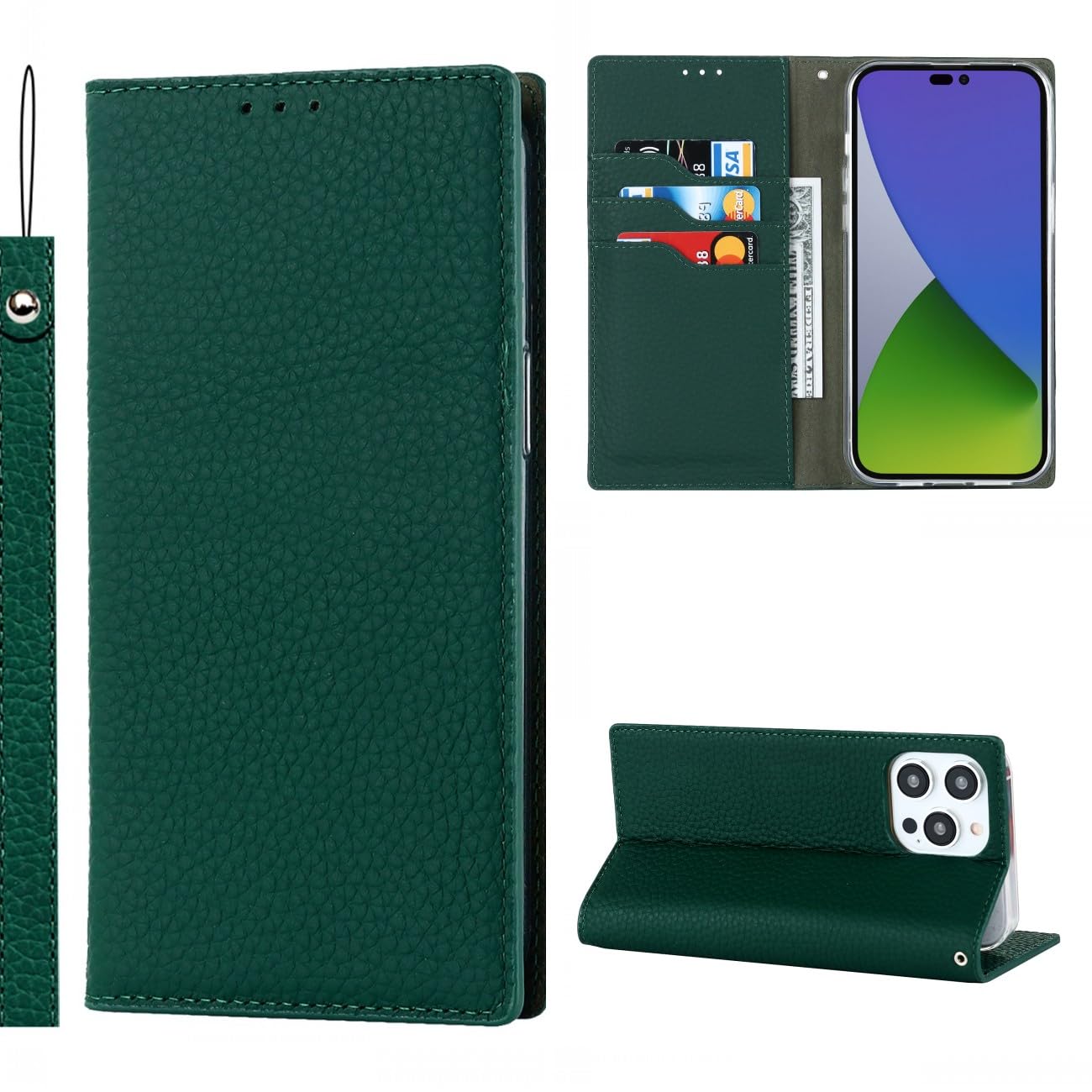 Cavor Phone Case Compatible for iPhone 15 Pro with card holders,Genuine Leather Flip Wallet Case,[3 Card Holders][Magnetic][RFID-Blocking][Lanyard],Protective Case Cover for iPhone 15 Pro - Dark Green