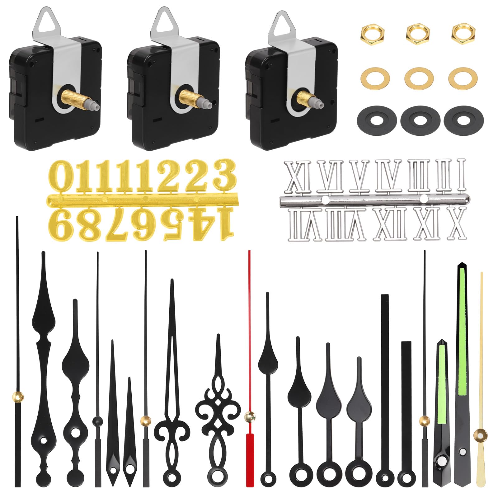 Tanstic 3Pcs High Torque Long Shaft Clock Movement Clock Repair Parts Replacement Clock Movement Mechanism with 7 Different Pairs of Hands(16mm/0.62”, 20mm/0.78”, 24mm/0.94”)