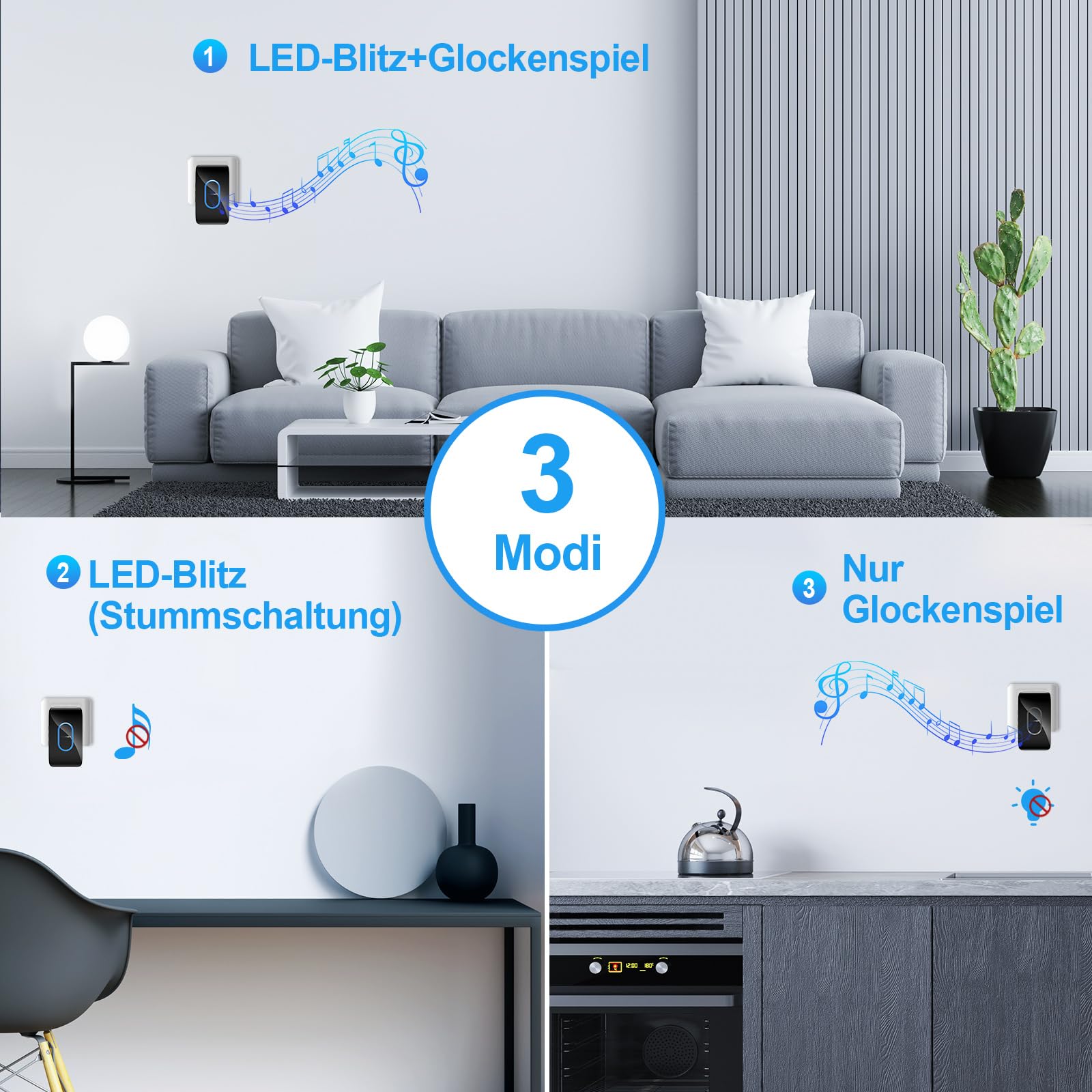 TECKNET Türklingel IP65 Funkklingel Aussen Wasserdicht, 400m Reichweite, Klingelset mit 1 Sender und 3 Empfängern, 5 Lautstärkestufen, 60 Melodien, Funkklingel mit LED-Blitz – Schwarz 3