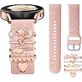 DaQin Flower Engraved Band Compatible with Samsung Galaxy Watch 7 Band/FE 6 5 4 40mm 44mm,Galaxy Active 2, 20mm Watch Band Soft Silicone Replacement Strap with Decorative Charms Accessories Women