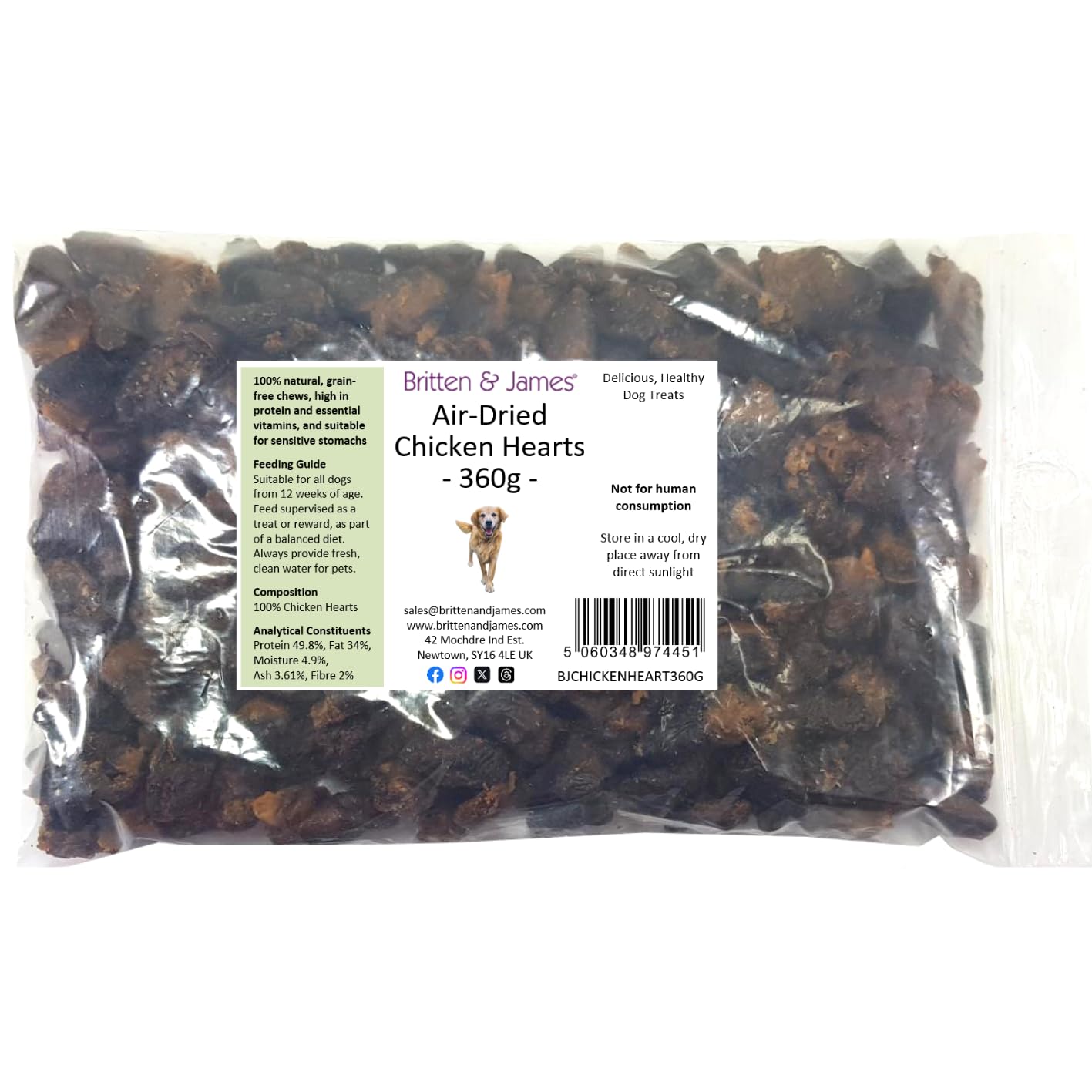 Britten and James Air Dried Chicken Hearts Dog Treat Chew (360g/Approx 200 Hearts). 100% Natural, Grain Free, High in Protein and Essential Vitamins, Hypoallergenic