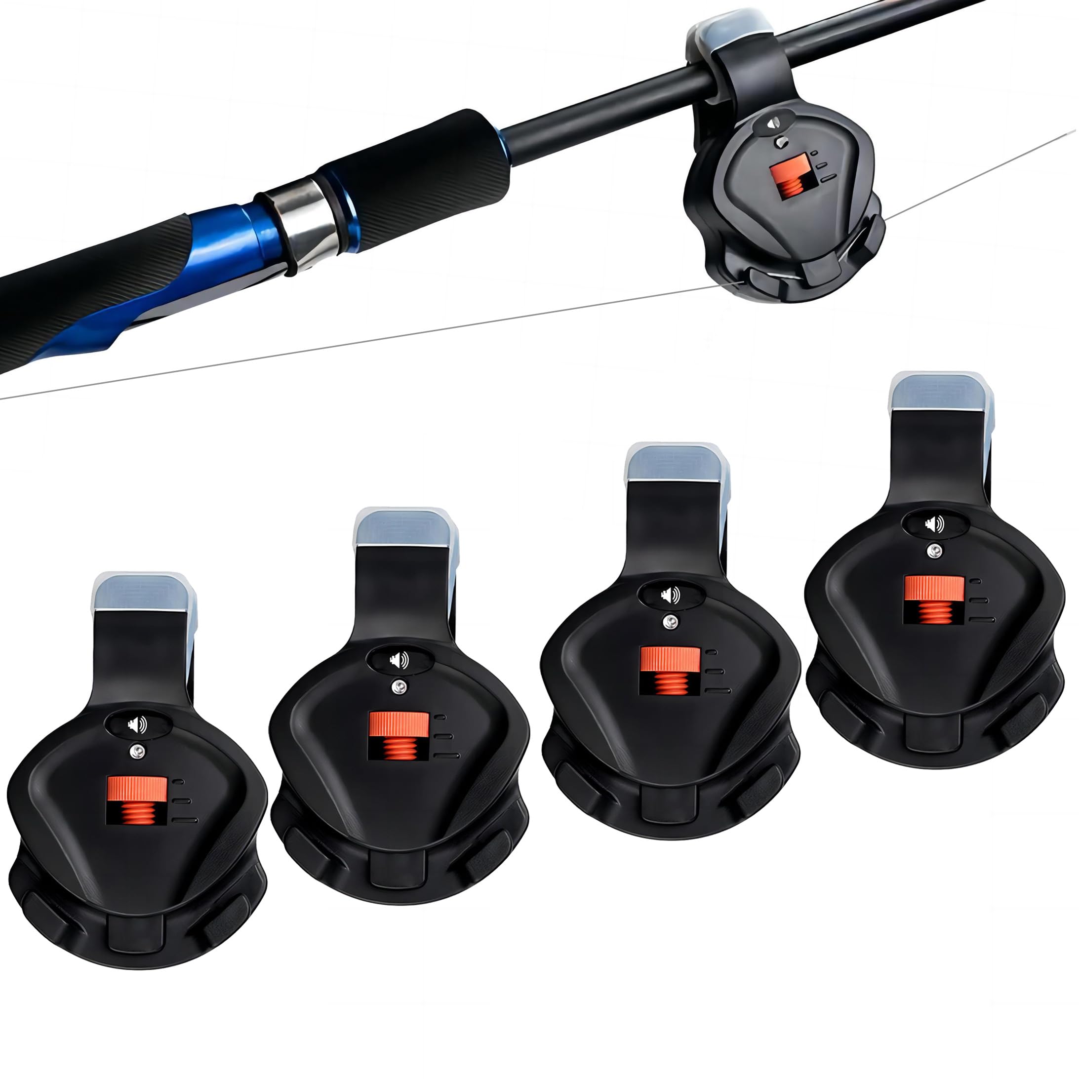 Mengshen 4 PCS Fishing Bite Alarm, Electronic Alert Bell with Sound & LED Indicator Volume Sensitivity Adjustable Gear Accessories for Day Night Outdoor