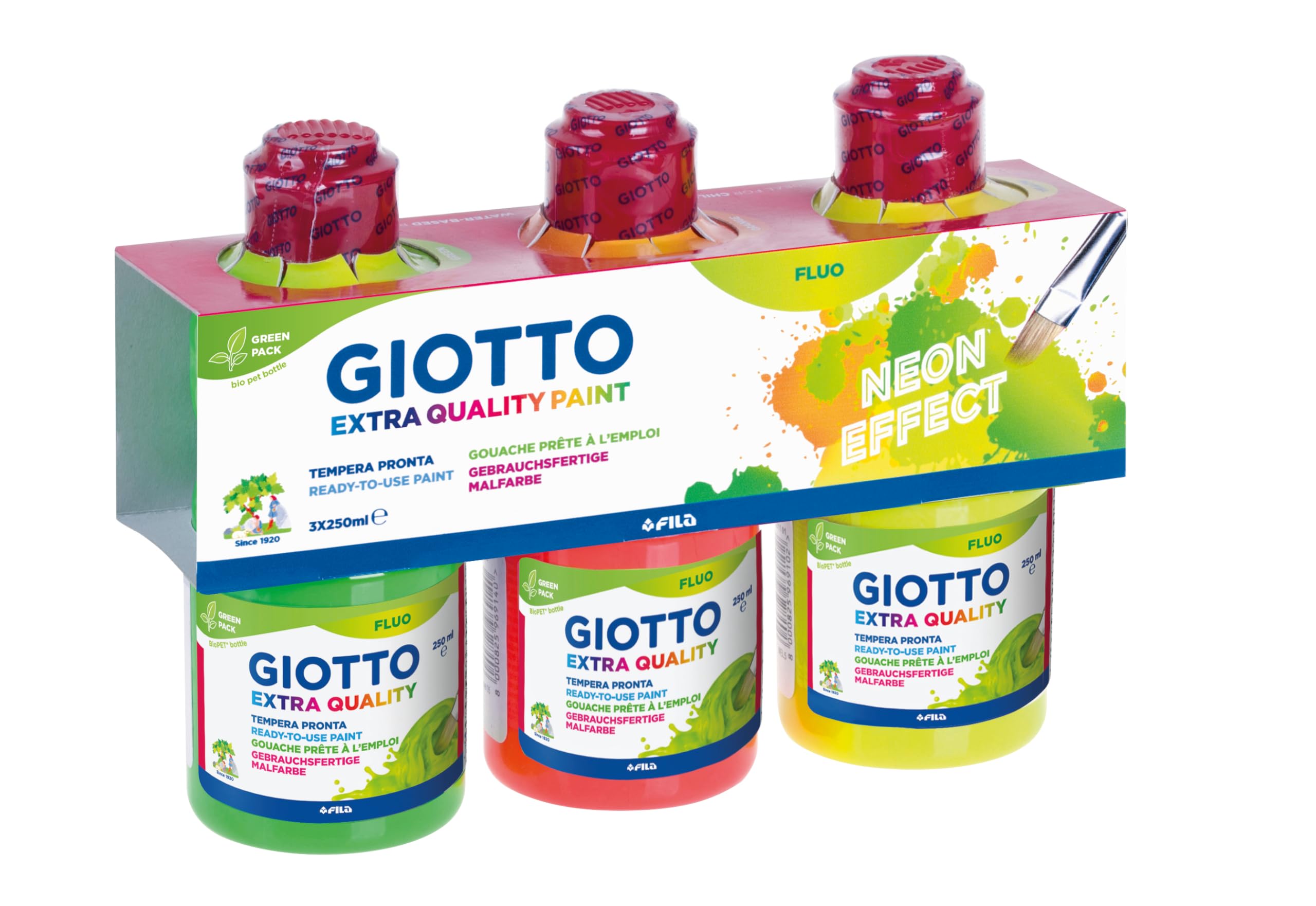GIOTTO Extra Quality Glitter Paint, Ready To Use, 250ml x 3 Fluorescent Colours, For Children, Parties and Schools
