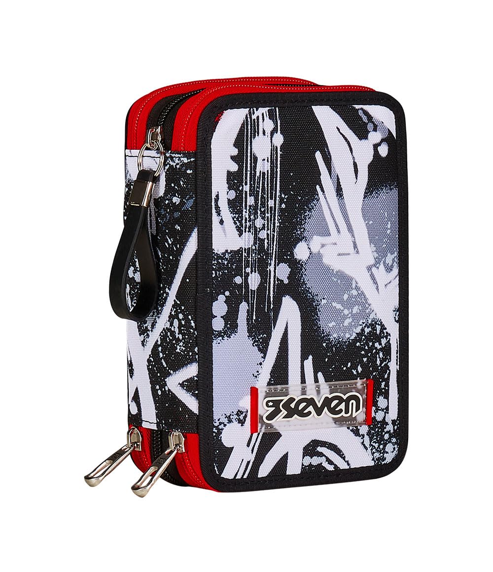 Seven Pencil Case 3 Compartments, Black, Triple Compartment, Complete with Pencils, Markers, Colours, Backpack Accessories, Elementary, Medium, Superior, Child and Boy, Black, Taglia Unica, School — image 1