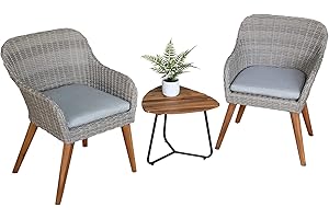 Soleil Jardin Outdoor 3-Piece Bistro Set with Seat Cushion, Two Chairs and Wood Top Side Table, Gray Wicker with Wood Leg